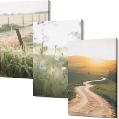 Produktbild von Leinwandbilder – Wandbilder – Leinwandbild – Canvas Bild – Polycanvas – Kunstdruck –  – Modern – Aufhängefertig – Mehrteilig – 3-Teilig – 40x60 Cm Pro Bild - Landschaft mit Wiese, Straße und Sonnenuntergang