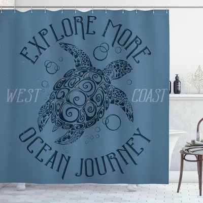 Immagine prodotto di ABAKUHAUS Tenda da doccia Vintage Nautical Tattoo, motivo tartaruga con scritta "Further Sea Voyage", 175 x 200 cm, blu grigio petrolio
