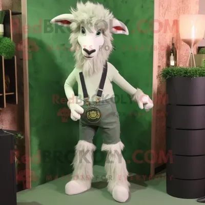 Productafbeelding van Olive Angora Goat mascotte REDBROKOLY kostuum karakter gekleed met een skinny jeans en dasspelden
