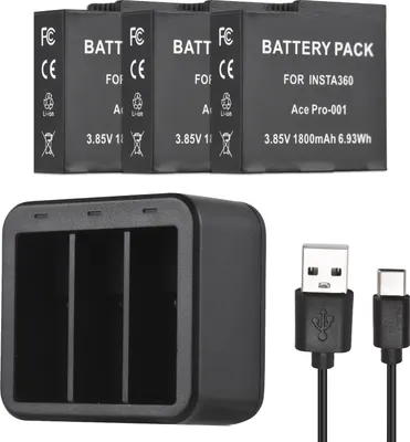Produktbild von Akku- und Ladegeraet-Set fuer Sportkameras, einschliesslich Akkuladegeraet mit drei Steckplaetzen + 3 Akkus mit 1800 mAh + 3 Akku-Aufbewahrungsboxen mit Kartensteckplatz, kompatibel mit Insta360 Ace/Ace Pro-Kameras