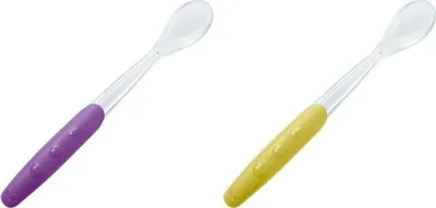 Two baby spoons, one purple and one yellow, are shown against a white background.