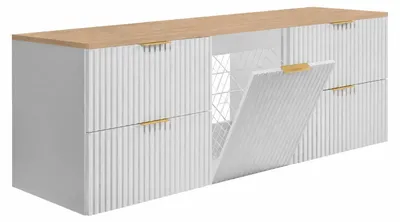 Obrázok produktu pre Zavliesená skrinka pod umývadlo s košíkom na prádlo, biela / svetlá dubová, čierne úchytky, 160 x 46 x 57 cm, productTiles.product.images.aiGenerated