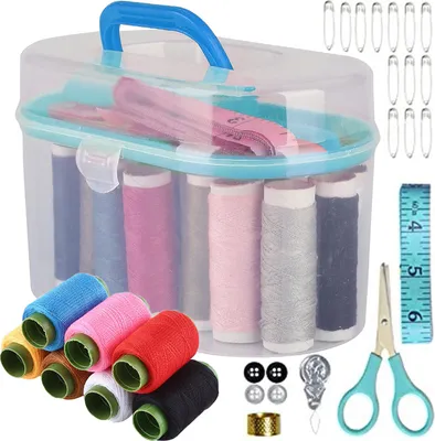 Produktbild von Nähset Nähzubehör für Reise mit 8 Spulen Faden Packung Nähgarn Nähkästchen Nähzeug Nähnadeln Nähkorb Schere Fingerhut Nähzubehör Nähzeug Blau Retoo