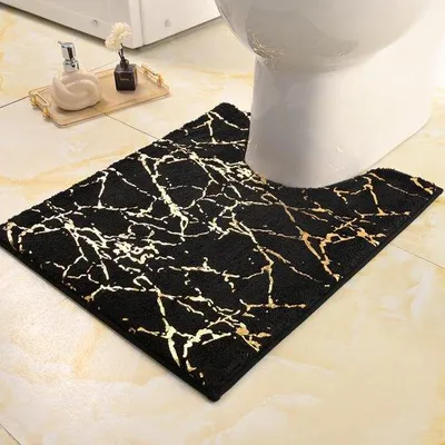 Obrázek produktu pro Uniqoos® rohož do koupelny, 50 x 50 cm – černá s zlatými pruhy, protiskluzová, měkká mikrovlákna, s výřezem