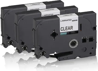 Three black label maker cartridges are shown in a staggered formation against a white background.