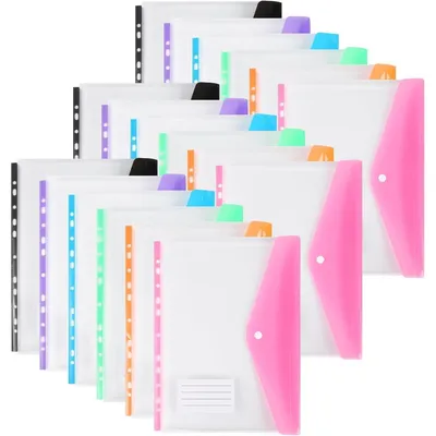 Productafbeelding van Documentmappen A4, 18 stuks, uitbreidbaar, met 11 gaten, drukknopsluiting, 6 kleuren, transparant