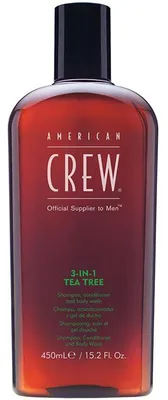 Zdjęcie produktu dla American Crew 3-in-1 Tea Tree, 450 ml, Szampon i odżywka do ciała 3 w 1, Użytkownicy nieprofesjonalni, Mężczyźni, Świecący, Wygładzający, Zmiękczający, Butelka
