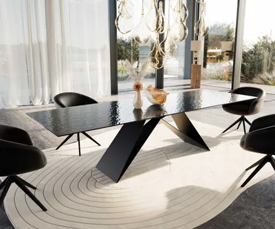 Produktbild von DELIFE Esstisch Edge 300x100 Reliefglas Rauchschwarz 3D-Design V-Gestell Flachstahl Schwarz