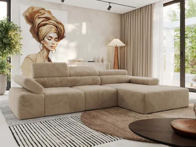 Produktbild von MKS MEBLE L-form Ecksofa RILASSO mit Relax-Funktion, verstellbare Kopfstützen - Beige Plüsch - Rechts
