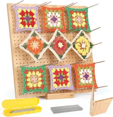 Image de 33cm Granny Square Tendeur Grand avec 30 tiges en acier inoxydable et planche de blocage pliable