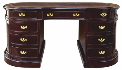 Produktbild von Casa Padrino Luxus Schreibtisch mit 9 Schubladen Dunkelbraun / Braun / Gold 180 cm - Ovaler Massivholz Bürotisch - Luxus Büro Möbel