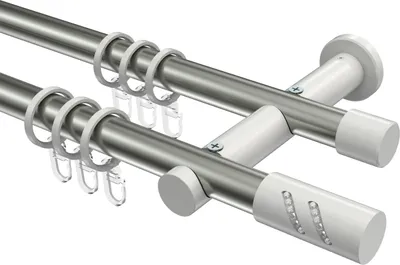 Produktbild von Interdeco Gardinenstange / Vorhangstange Edelstahl-Optik / Weiß, Typ Platon Zoena (Glitzerzylinder), 20 mm Ø 2-läufig, 360 cm
