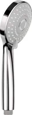 A silver shower head with a chrome finish is shown against a white background.