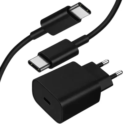 Produktbild von Schnellladegerät 25W Netzteil Adapter USB-C mit 2 meter USB-C zu USB-C Schnellladekabel in schwarz für Samsung Apple Google Xiaomi