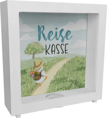 Produktbild von Ente auf Reisen Rahmen Spardose aus Holz mit Spruch Reisekasse