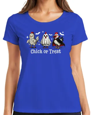 Productafbeelding van Halloween-kostuum: Kippenkuiken, vampier, spook, mummie. Dames T-shirt, blauw, maat S