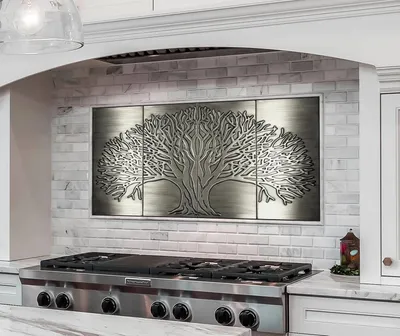 Imagen del producto de Panel de pared de acero inoxidable CopperAndCraft, diseño del árbol de la vida, 80x40 cm. Azulejos de metal hechos a mano, ideales para la pared de la cocina, decoración de pared para chimeneas. Fabricado en la Unión Europea