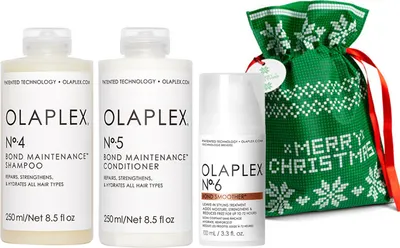 Zdjęcie produktu dla Olaplex No. 4 Bond Maintenance Shampoo 250ml + Olaplex No. 5 Bond Maintenance Conditioner 250ml + Olaplex Bond Smoother No.6 100ml + worek na prezent klasyczny zielony 20x30cm