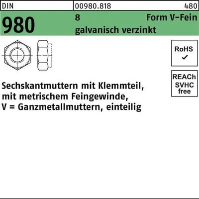 Produktbild von Reyher  980-8 Sich. Muttern M 20 x 1.5 galv. verzinkt (50 Stück)