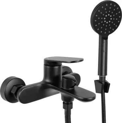 A black bathtub faucet with a handheld showerhead, shown against a white background.