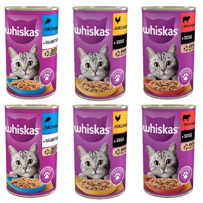 Zdjęcie produktu dla Whiskas mokra karma dla kotów w puszce mix smaków w sosie lub galaretce  Tuńczyk, Kurczak, Wołowina 400g x 6