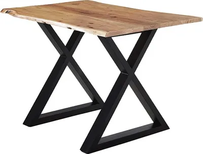 Produktbild von Esstisch 120x80 cm Lubin, Akazienholz naturfarben, Massiver Esszimmertisch mit echter Baumkante, Baumkantentisch mit geschlossenem X-Gestell Schwarz, 26 mm Tischplatte