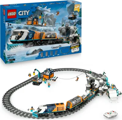 Produktbild von LEGO City Arktis-Polarexpress - Enthält ferngesteuerte Eisenbahn, Schneepflug, 30 Gleissegmente und 6 Minifiguren sowie Felssturz-Funktion - Geschenk für Jungen ab 7 Jahren - 60470