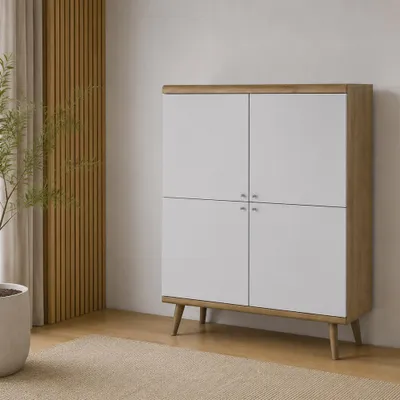 Produktbild von Wohnzimmer Highboard, 4-türig, 107 cm breit, in Weiß mit Eiche - POSITANO-160