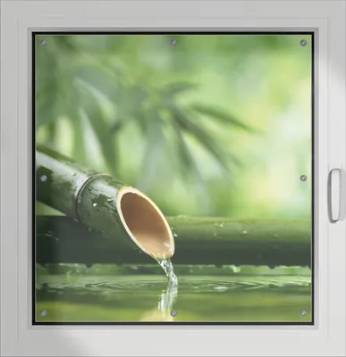 Produktbild von Wallario Lichtschutzbild, Dekorativer Sichtschutz Sonnenschutz 96 x 100 cm mit Motiv: Bambusquelle  Bambusrohr mit Wasser - Verdunklung ohne Bohren
