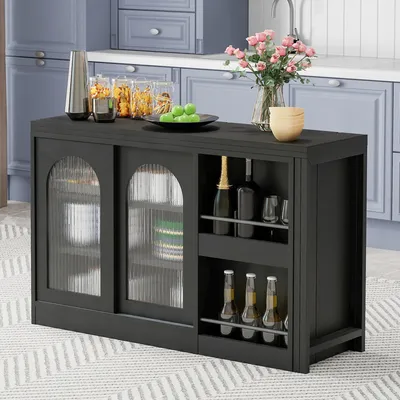 Produktbild von STILVORA Moderner Bartisch mit stauraum,küchentisch ausziehbar mit Glasschranktür,Sideboard Schwarz,für Küche Kaffeebar Möbel