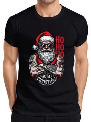 Obrázok produktu pre Metal Christmas Santa Metal Christmas Tattooed Biker Rock Pánske tričko, čierne, XXL