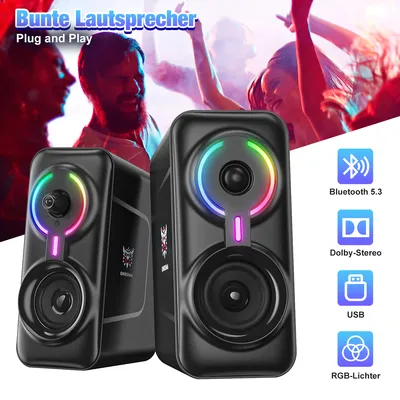 Produktbild von 7MAGIC PC/Laptop Lautsprecher mit RGB LED-Beleuchtung, 3,5 mm Stecker, USB-betriebene 5 W, Stereo Computer Boxen, Lautstärke-Regler, Schwarz