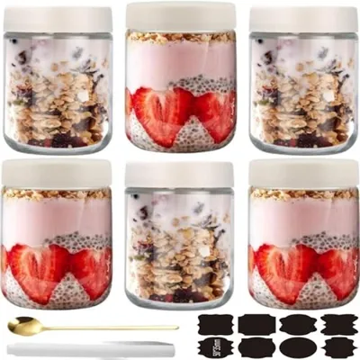 Produktbild von PromoHome® 6 Stück Overnight Oats Glas Weiß 500ml - Haferflocken-Gläser mit Schraubdeckel - Einmachgläser für Salat, Joghurt, Pudding