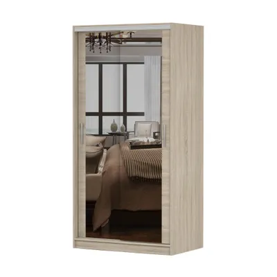 Image de Armoire à portes coulissantes TOKYO M, armoire de chambre à coucher, 100 cm, chêne Sonoma/chêne Sonoma avec miroir, poignées en PVC couleur aluminium