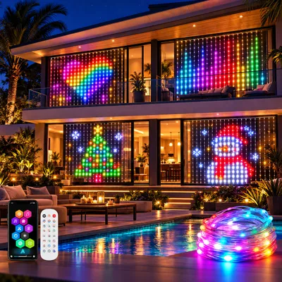 Image de Guirlande lumineuse, rideau lumineux intérieur, 2x2 mètres, 400 LED. Rideau lumineux LED RGBIC intelligent pour décoration de pièces, fêtes, balcons, mariages