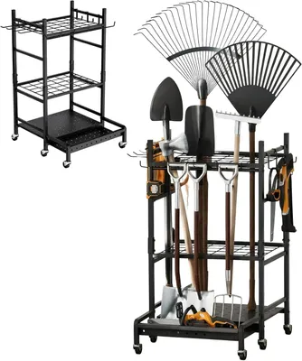 Produktbild von Aufbewahrungsständer für Gartengeräte, Organizer für Gartenwerkzeuge, Stehende Halterung für Gartenwerkzeuge, Metallregal für Gartenbedarf, geeignet für Rasen, Garage, Hof und Garten