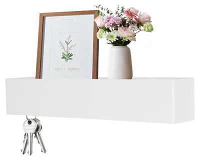 Produktbild von 43 cm Schlüsselbrett mit Ablage, weiß, modern, minimalistisch, mit versteckten Haken, Wandgarderobe mit Ablage, Garderobe aus Eisen, für Flur, Schlafzimmer, Küche, fünf Haken