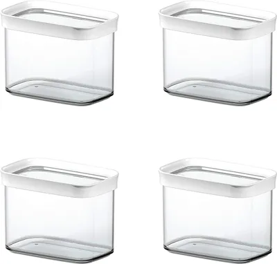Four identical transparent storage containers with white lids are arranged in a two-by-two grid against a white background.