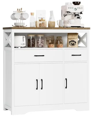 Image de Buffet de cuisine - Buffet avec 2 tiroirs et 3 portes - Bois - Plan de travail - 105 x 100,5 x 39,5 cm - Blanc