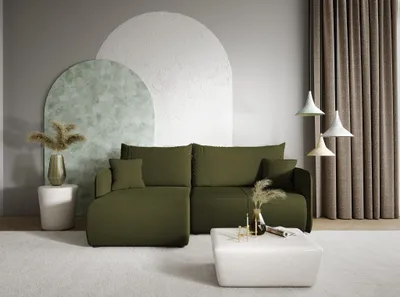 Productafbeelding van Eckbank met slaapfunctie, model CALGARY, bekleding: stof Curio, kleur: groen, met ottomaan aan de linkerkant