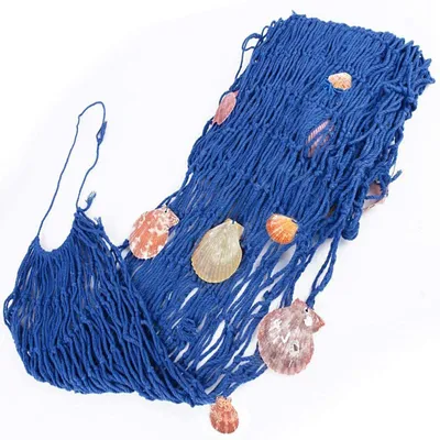 Image de Filet de pêche décoratif, bleu, avec des coquillages, dimensions 1 x 2 mètres, idéal pour la décoration murale