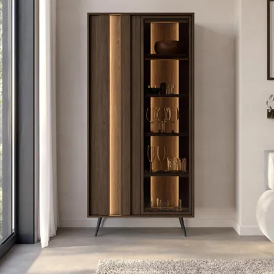 Produktbild von Vitrinenschrank Standvitrine LUPO 93 cm Eiche Dunin Braunes Glas LED-Beleuchtung Universal Modern