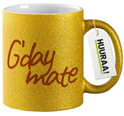 Produktbild von Huuraa Glitzertasse G`day mate Spruch 330ml Gold Keramik Kaffeebecher Geschenkidee
