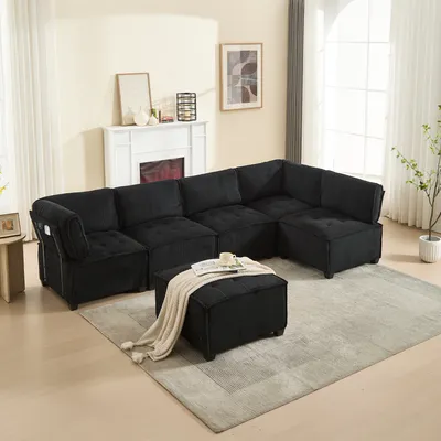 Produktbild von LVHOM Modulares Sofa U Form 308 x 82 x 154 cm, 6-Sitzer mit Schlaffunktion, Modular Cord Ecksofa, umwandelbares Schaumstoffsofa, Sofagarnitur, Schwarz