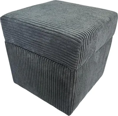A gray corduroy ottoman is shown against a white background.