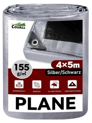 Produktbild von Abdeckplane mit Ösen 4x5m Wasserdicht 155g/m² Silber/Schwarz Reißfest UV-stabilisiert