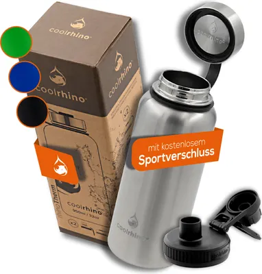 Produktbild von coolrhino Edelstahl Thermo-Trinkflasche 530-ml / 950-ml für Sport, Outdoor & Kinder - Isolierflasche BPA frei - Thermos-Flasche doppelwandig inkl. Sport-Deckel - auslaufsichere Edelstahl-Trinkflasche