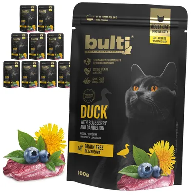 Obrázok produktu pre BULTI | Krmivo pre mačky s kačacou, čučoriedkou a púpavou – súprava mokrého krmiva pre mačky, 10 vrecúšok po 100 g – mokré krmivo s kačacou pre mačky