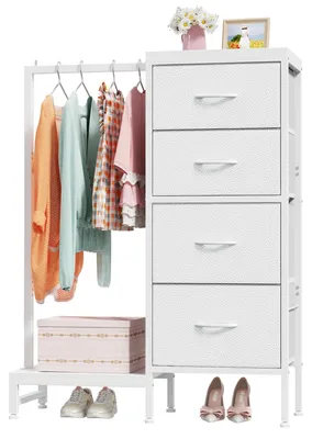 Stoff-Organizer-Schrank 4 Schubladen Kleiderstange Weiß