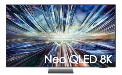 A Samsung Neo QLED 8K TV is displayed on a stand against a white background. The screen shows a vibrant, abstract image.